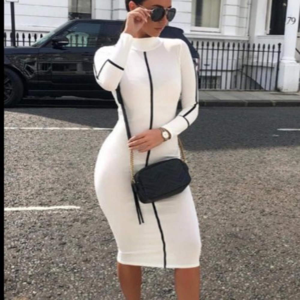 Fitted Long Sleeve Contrast Dress